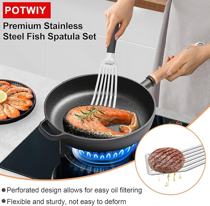 Fish Spatula Stainless Steel, Slotted Turner with Silicone Handle and Curved Blade, Metal Spatula for Cast Iron Skillet, Kitchen Cooking Flipper for Fish, Egg and Burger, 11.7 Inch
