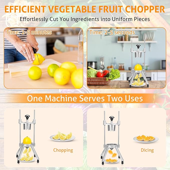 WICHEMI Commercial Easy Wedger 8 Section Lemon Slicer Lime Cutter Stainless Steel Blade Fruit Slicer Commercial Vegetable Chopper Dicer Lemon Cutter for Home Bar Restaurant