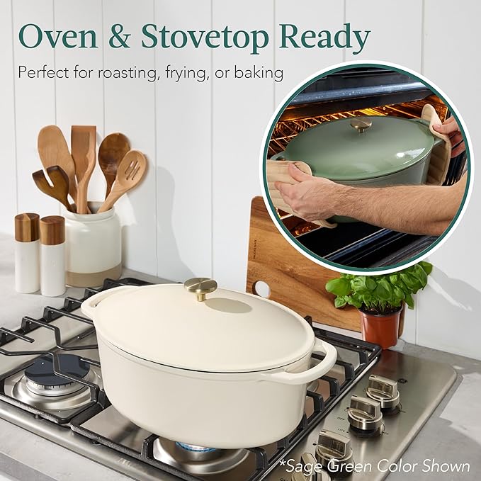 Best Choice Products Oval 7.5 Quart Enamel Cast-Iron Dutch Oven, Heavy-Duty Pre-Seasoned for Baking, Cooking w/Side Handles – Vanilla Buttercream