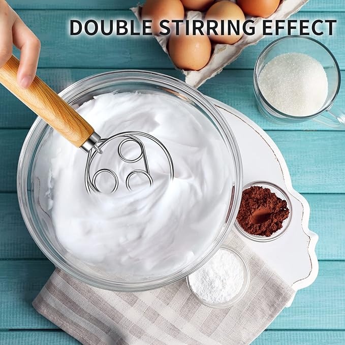 TEEVEA Danish Dough Whisk for Sourdough Bread, Pizza & Pastry - Wooden Handle with Stainless Steel Hook