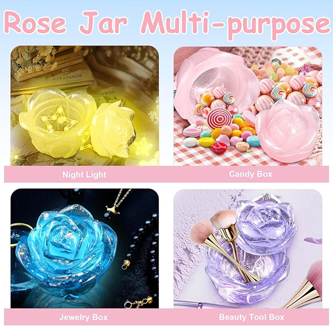 Rose Silicone Mold Large Rose Mold Unique UV Resin Molds Epoxy Resin Molds 3D Storage Jar Silicone Molds for Resin with Lid Valentine's Day Resin Jar Molds