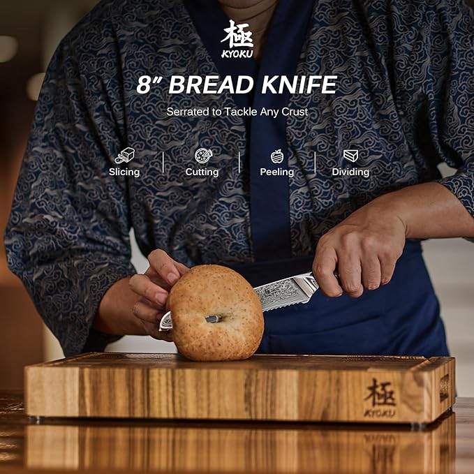 KYOKU Serrated Bread Knife - 8" - Shogun Series - Japanese VG10 Steel Core Damascus Blade - with Sheath & Case