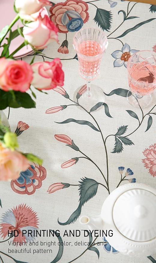 ISAENNE Designer Chinoiserie Linen Floral Extra Long Tablecloth Rectangle,White Wrinkle Resistant Table Cloth,Elegant Decor Tablecloths for Dining Thanksgiving Kitchen Party,67"*118"-Daffy