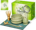 Matcha Whisk Set 7pcs, Japanese Macha Making Kit - 17oz Bowl with Spout, Bamboo Whisk, Chasen Holder, Scoop, Scoop Rest, Stainless Steel Sifter & Towel, Tea Gift Tools for Starter & Enthusiasts, Green