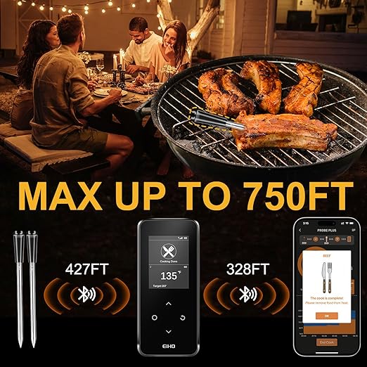 EIHO Wireless Bluetooth Meat Thermometer with 2 Ultra-Thin Probes, Smart Digital Food Thermometer 600FT Remote Range, Standalone Smart Base for Grill Smoker Roast Oven, Cooking Gifts