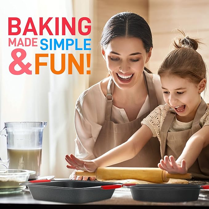 NutriChef 6-Piece Nonstick Bakeware Set - Carbon Steel Baking Pans Set w/ Heatsafe Red Silicone Handles, Oven Safe Up to 450°F, Loaf Muffin Round/Square Pans, Cookie Sheet, Baking Pan -NCSBS6S,Black