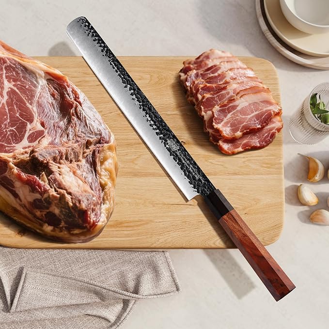 FINDKING Brisket Slicing Knife 12 Inch, Sharp Carving Knife for Meat, BBQ, High Carbon Steel Blade, African Rosewood Octagonal Handle (Dynasty Series)