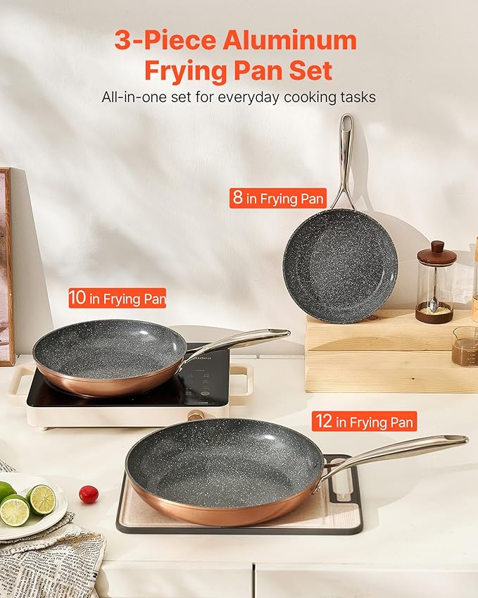 VEVOR Frying Pan Skillet, 3 Piece (8, 10, 12 in), Nonsitck Ceramic Heavy-Duty Skillets with Heat-Resistant Handle, Chef's Cookware, for Oven, Gas, Electric, Induction, Grey