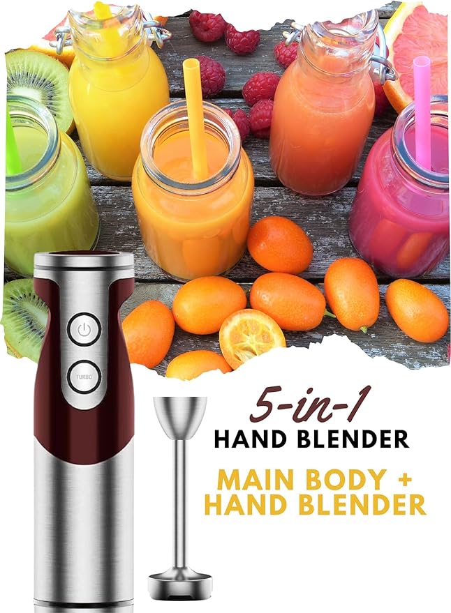 MegaWise Pro Titanium Reinforced 5-in-1 Immersion Hand Blender, Powerful Motor with 80% Sharper Blades, 12-Speed Corded Blender, Including 500ml Chopper, 600ml Beaker, Whisk and Milk Frother (Red)