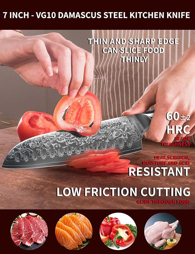Santoku Knife - 7 inch - Xuan Series - VG10 Damascus Steel Kitchen Knife - Resin Handle (Fantasy Orange)