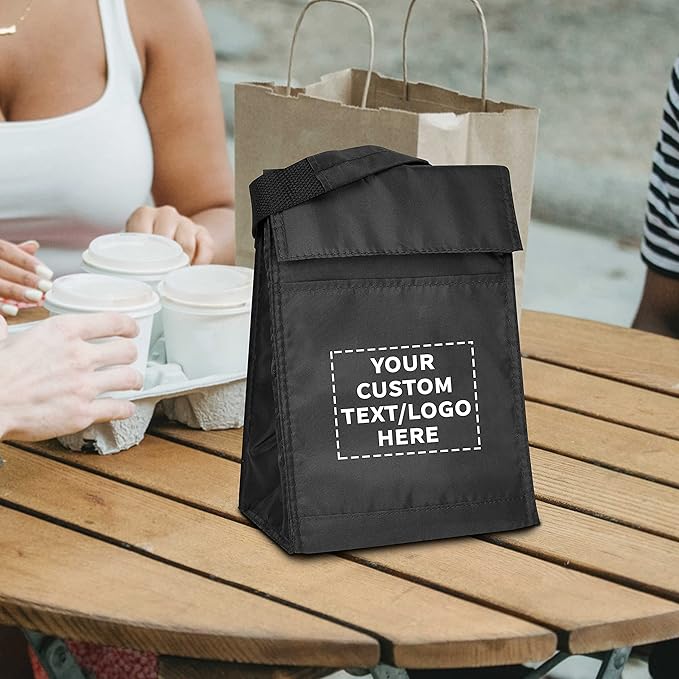 DISCOUNT PROMOS 10 Hook and Loop Insulated Lunch Bags Set - Customizable Text, Logo - Polyester, Durable, Vibrant, Reusable - Black