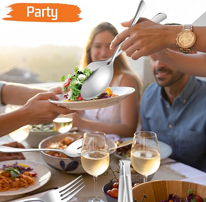 E-far Large Serving Utensils Set of 8, Stainless Steel 9.8 Inch Serving Spoons Slotted Spoon, 9.9 Inch Serving Fork, 9.4 Inch Serving Tong for Buffet Catering Banquet, Mirror Finish & Dishwasher Safe
