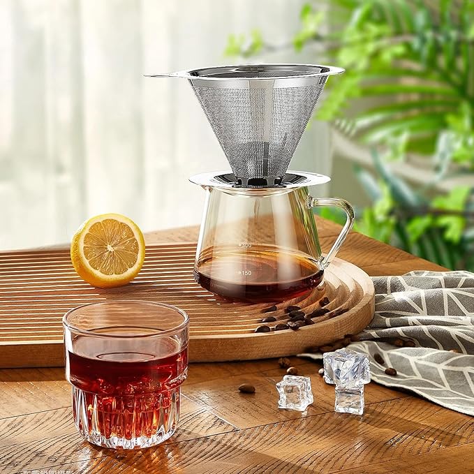 Pour Over Coffee Dripper, Slow Drip Paperless Coffee Filter, Pour Over Coffee Maker for 1-2Cups Brew, Double Mesh Design of Manual Reusable Cone Filter