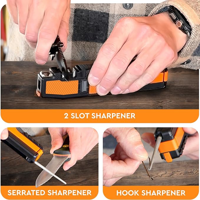8-in-1 Pocket Knife Sharpener – Guided Diamond Whetstones, Diamond Rod, Leather Strop, 2 Sharpening Slots, Fire-Starter Ferro Rod & Whistle – Outdoor, Yard, Camping by Orange Ninja