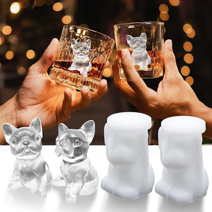 3D French Bulldog Ice Cube Molds, Fun Animal Shape Ice Cube Tray Silicone for Whiskey, Cocktail, Juice, Drink Decoration Cute Dog Gifts for Bulldog Lover, 2 Pack Resin Molds