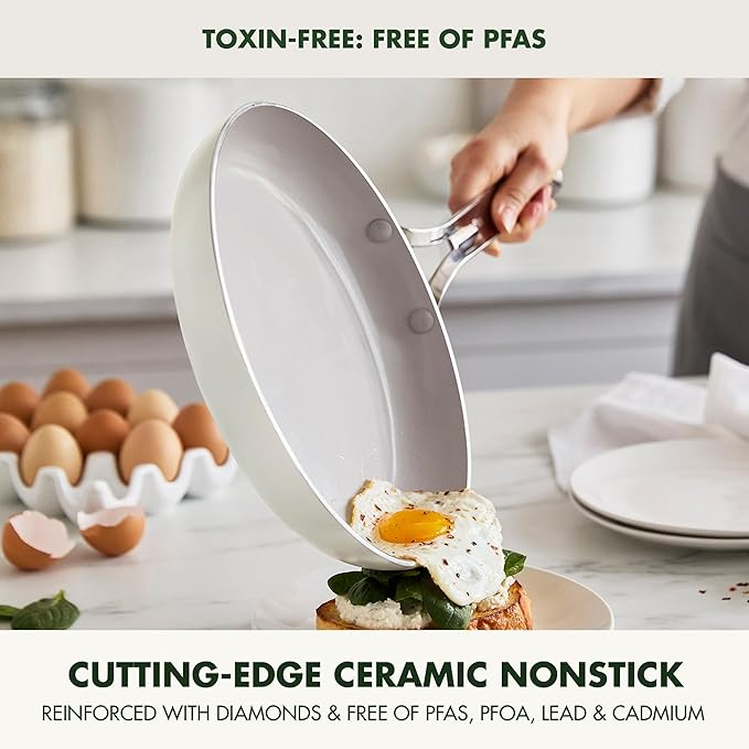 GreenPan Nova 8” & 10” 2 Piece Frying Pan Skillet Set, Oprah’s Favorite Things 2024, Induction Suitable PFAS-Free Nontoxic Ceramic Nonstick, Dishwasher & Oven Safe, Quick Even Heating, Cream White