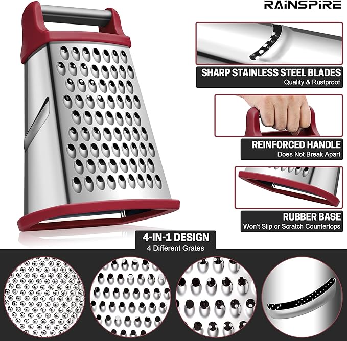 Rainspire Professional Box Grater, Cheese Grater Box for Kitchen Stainless Steel with 4 Sides, Cheese and Spice Graters with Handle for Vegetables, Ginger, Potatoes, Red