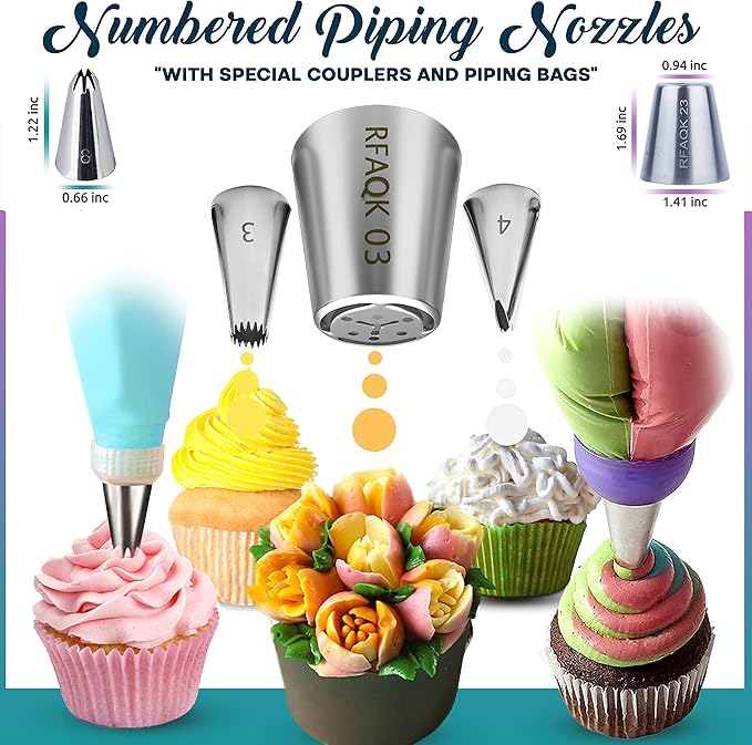 RFAQK 230PCs Cake Decorating Supplies Kit, Cake Decorating Set with Cake Turntable, Piping Bags and Tips, Modeling Tools, Cookie Plunger Cutters, Icing Smoother & Other Accessories for Cake Decoration