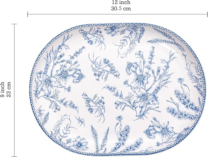 Bico Blue Garden Toile De Jouy 16 plus 12 inch Oval Platters Set, Set of 2, Microwave and Dishwasher Safe, for Serving Fish, Chicken, Turkey
