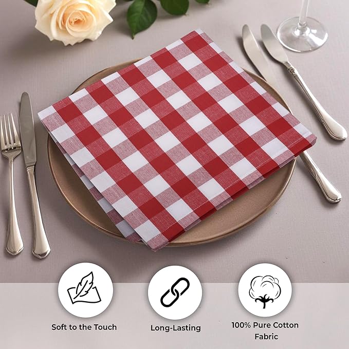 Urban Villa Cloth Dinner Napkins Set of 12 100% Cotton Red White Checks Highly Absorbent Washable Reusable Durable Ideal for Home Farmhouse Party Wedding Everyday Use