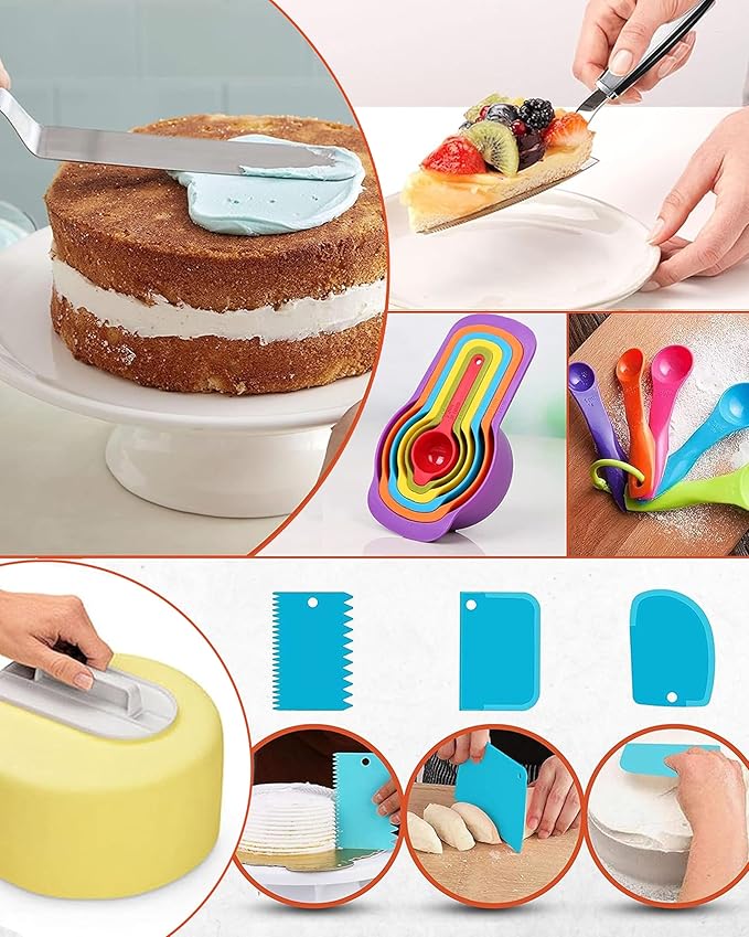 RFAQK 700PCs Cake Decorating Kit with Baking Supplies - Cake Turntable for Decorating with Baking Pans, Leveler, 24 Numbered Piping Tips, 2 Spatulas, Fondant Tools, Video Course, Pattern Chart & More