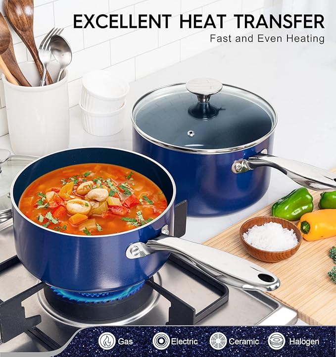MICHELANGELO 3 Quart Saucepan with Lid, Nonstick Ceramic Sauce Pan with Stainless Steel Handle, 3 Qt Saucepan with Lid Induction Compatible, Oven Safe, Blue