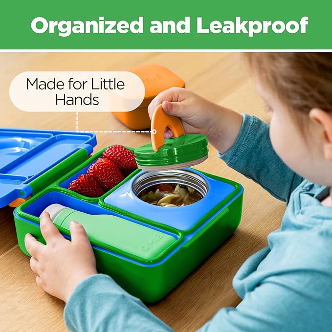OmieBox Bento Box for Kids - Insulated Bento Lunch Box with Leak Proof Vacuum Insulated Food Jar - 3 Compartments, Two Temperature Zones (Monster Blue)