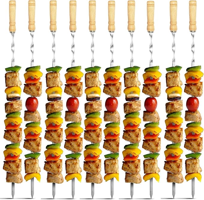 Antallcky 12 Pack Kebab Skewers 23.5 Inch BBQ Barbecue Skewers Stainless Steel Sticks Heavy Duty Large Wide Reusable with Nonslip Wooden Handle Ideal for Shish Kabob Chicken Shrimp and Vegetables