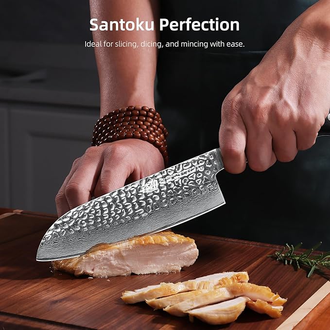 FINDKING 7 Inch Damascus Santoku Knife,Versatile Japanese-Inspired Chef Knife, Multifunctional Asian Culinary for Vegetable Preparation (Raven Series)