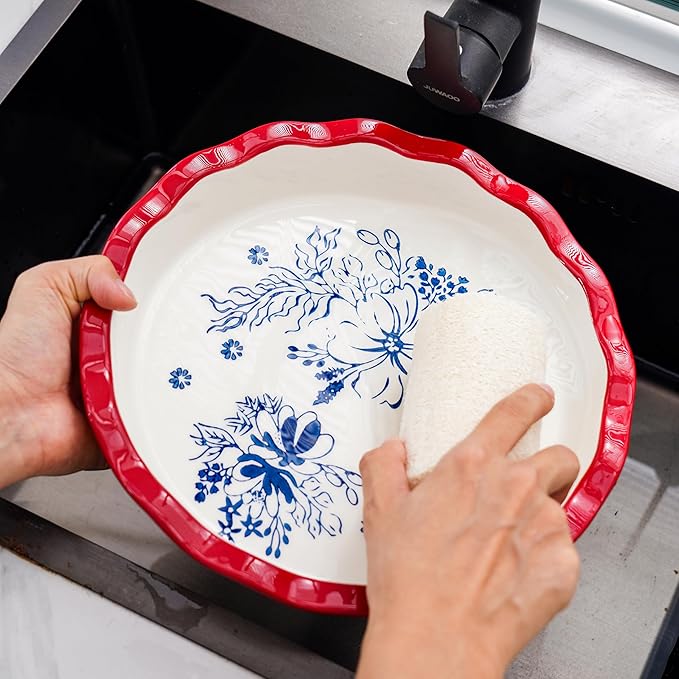 Pie Pan Ceramic Pie Plate, 9 inch Deep Dish Pie Pans, Nonstick Pie Pans for Baking, Red Floral Pie Dish For Kitchen