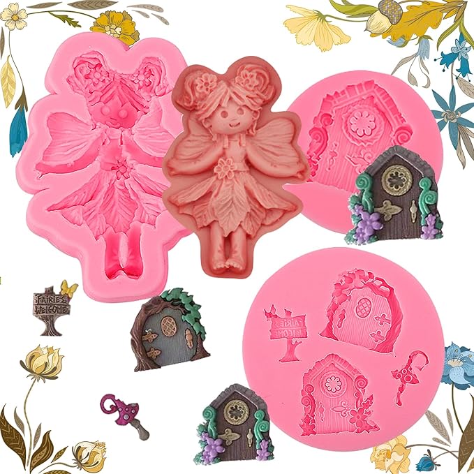 Fairy Tale Wooden Door Fondant Molds Flower Fairy Silicone Mold,for Fairy Tale Theme Party Cake Decoration Chocolate Candy Cookies Marzipan Gum Muffins DIY Resin Polymer Clay Crafts Set of 3
