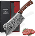 Huusk Meat Cleaver Knife Japanese Kitchen Knife 6.4 Inch, Hand Forged Butcher Knife for Meat Cutting, Vegetable Chopping Knife High Carbon Steel Damascus Pattern Chef Knife Cooking Gift for Men Women