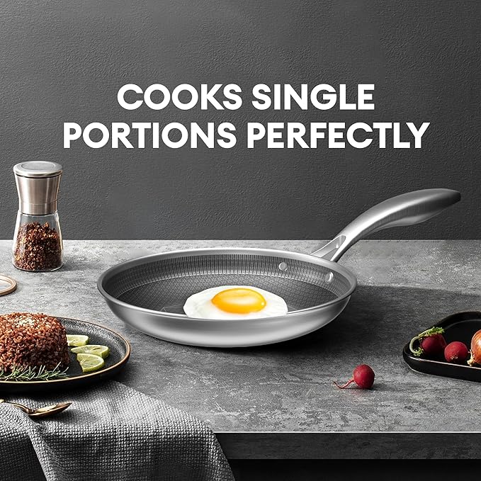 COOKING KING 8-Inch Stainless Steel Pan, Hybrid Nonstick Frying Pan, Skillet, 3-Ply Clad Cookware, Even Heat Distribution, Dishwasher & Oven Safe, with Stay-Cool Handle, Induction Compatible