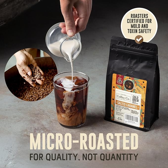 Inspired Coffee Co Salted Caramel Flavored Cold Brew Coffee Coarse Ground Coffee Beans Medium Roast - Low Acid Coffee Smoother Taste - 100% Arabica - 12 oz. Resealable Bag