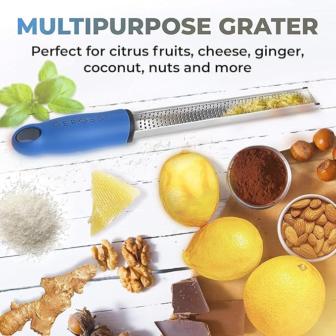 Stainless Steel Cheese Grater & Lemon Zester w/Extra Sharp Blade - Perfect for Lemon, Parmesan, Garlic, Chocolate - Spice Up any Dish in Seconds w/Your Premium Citrus Hand Grater with Handle - Blue