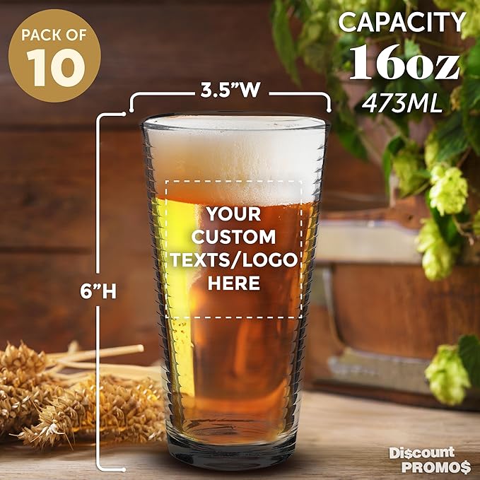 Custom Spiral Pint Glass 16 oz. Set of 10, Personalized Bulk Pack - Beer Glasses, Heavy Duty Drinkware - Clear