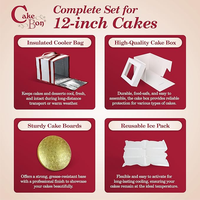 Cakebon Cake Box and Boards, 12-Inch Round Gold Smooth Edges 1/2- Inch Thick Drums with Insulated Bag and Ice Pack – Cake Transport Set, Cooler for Cake Delivery and Transport (1pc Each, 4pcs Total)