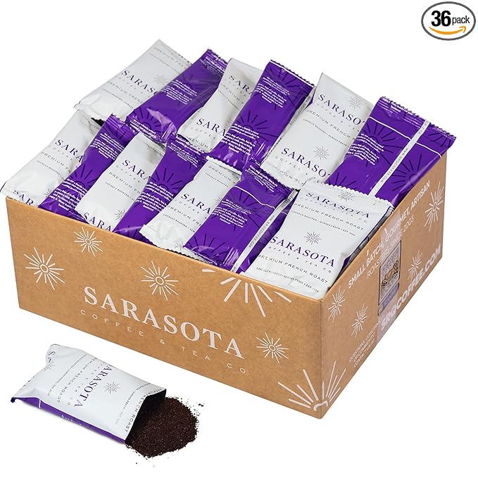 Sarasota Coffee Ground Packets | Low Acid Dark Roast Ground Coffee Packs | European French Roast | Mold Free Singles Packets | Individual Coffee Pouches for 12 Cups Maker | 2 Ounce Bags, 36 Count