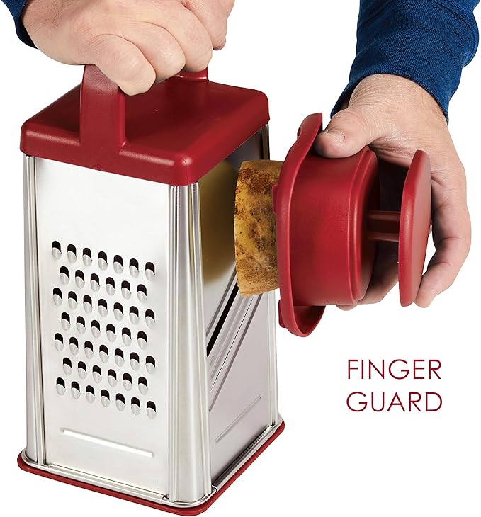 Rachael Ray Tools and Gadgets Stainless Steel Box Grater for Vegetables, Chocolate, Hard Cheeses, and more, Red(9.43 x 8.84 x 8.06 inches)