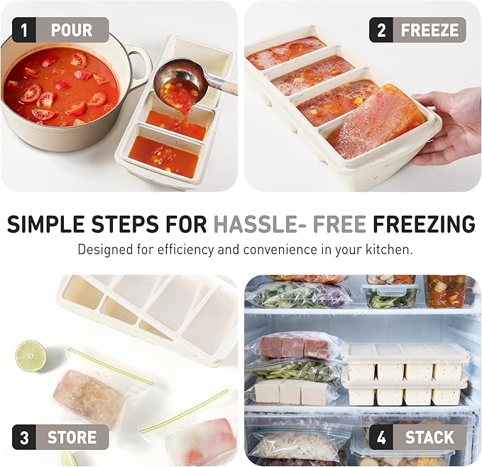 Silicone Freezer Tray with Lid Soup Freezer Container Molds with Steel Reinforced Rim Large Ice Cube Tray Makes 8 Perfect 1 Cup Portions Cubes Storage Food Soups & Meal Prep Oven & Dishwasher Safe