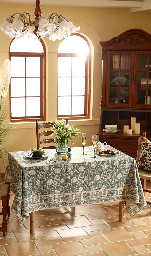 ISAENNE Designer Grayish Green Linen Table Cloth Rectangular,Floral Elegant Stain Resistant Tablecloth,Fall Vintage Decor Tablecloths for Dining Thanksgiving Kitchen Party,55"*87"-Andrew A