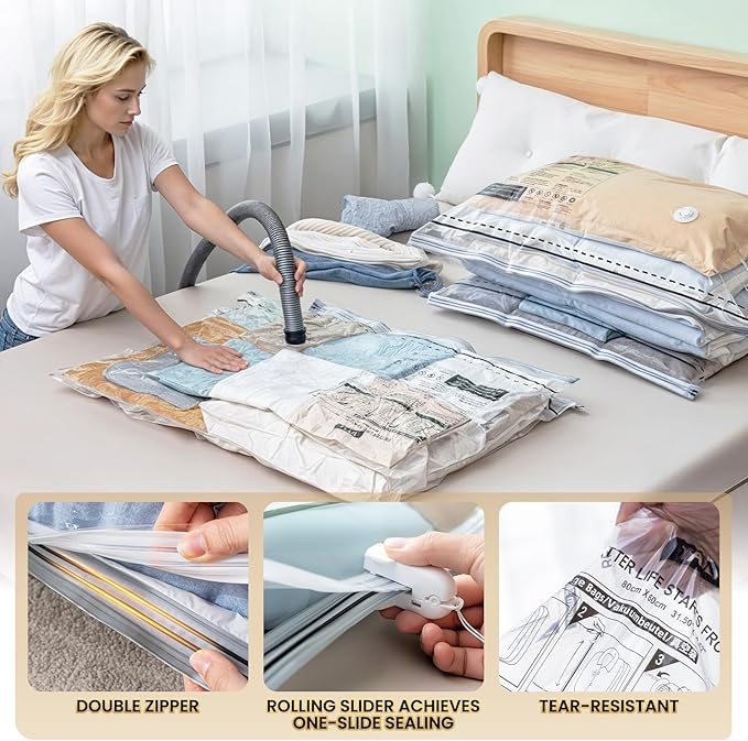 TAILI 8 Pack Vacuum Storage Bags, LONG SIDE ZIP (4 Large+4 Jumbo), Multi-Size Vacuum Seal Bags for Clothing, Storage Bulky Beddings, Blankets and Clothes, Space Saver for Closet Organization
