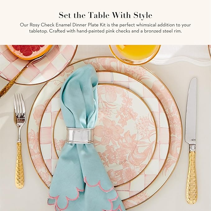 MACKENZIE-CHILDS Enamel Dinner Plate, Decorative Dinnerware Plate, 10 Inches, Set of 4, Pink-and-White Rosy Check