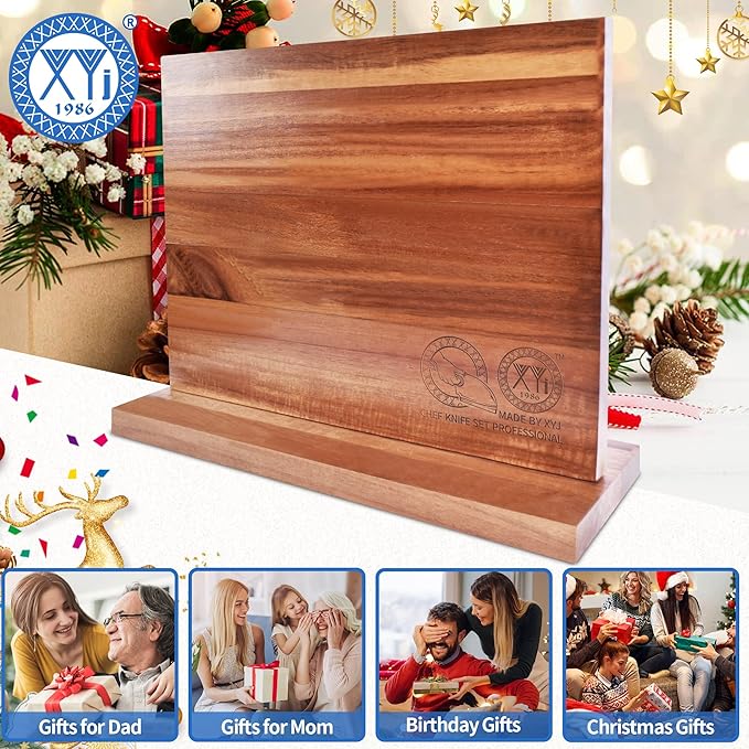 XYJ Authentic Since 1986, Magnetic Knife Block, Double Side Kitchen Knife Stand, Acacia Wood, Magnetic Knife Holder with Strong Enhanced Magnets,Knives Storage Rack Stand for Home Kitchen