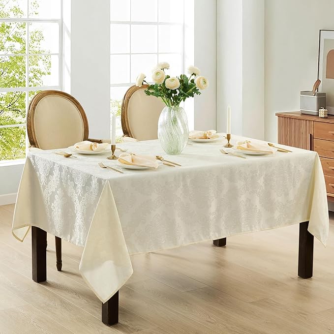 Newbridge Barcelona Luxury Damask Fabric Tablecloth, 70” Extra Wide x 90” Rectangle, Antique White, 100% Polyester, No Iron, Soil Resistant Dining Room, Party and Banquet Table Cover
