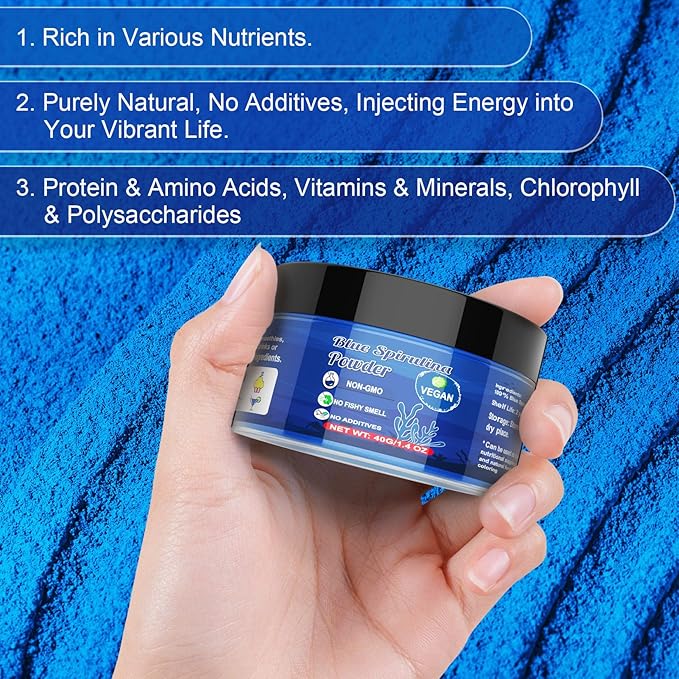Blue Spirulina Powder - 40g Natural Blue Food Coloring, No Fishy Smell, 100% Vegan Phycocyanin Extract Spirulina Powder, Plant Based Food Dye for Cake Decorating, Smoothie, Baking, Drinks