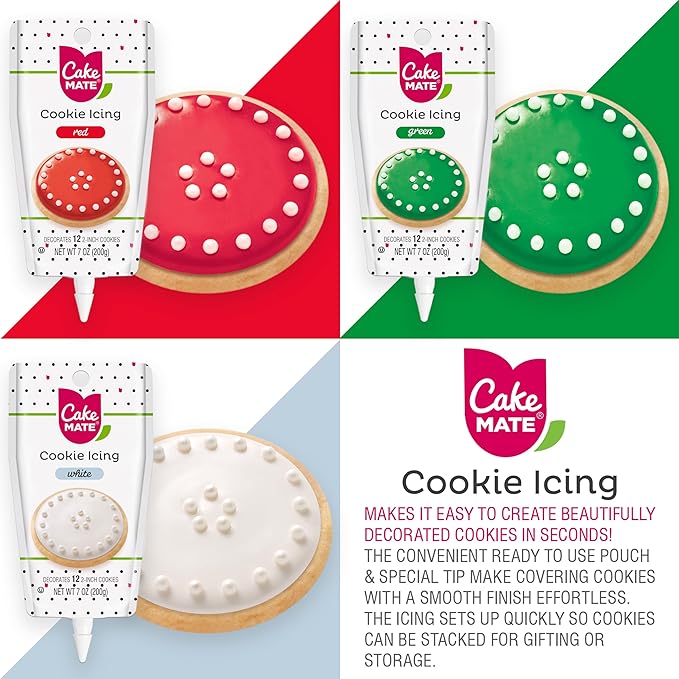 Cake Mate Christmas Decorating Kit – Red & Green Decorating Sugar (2.25 oz), White, Red & Green Cookie Icing Pouches (7 oz), Jingle Mix Non Pareil (2.1 oz) – Holiday Cookie, Cake, Cupcake & Dessert
