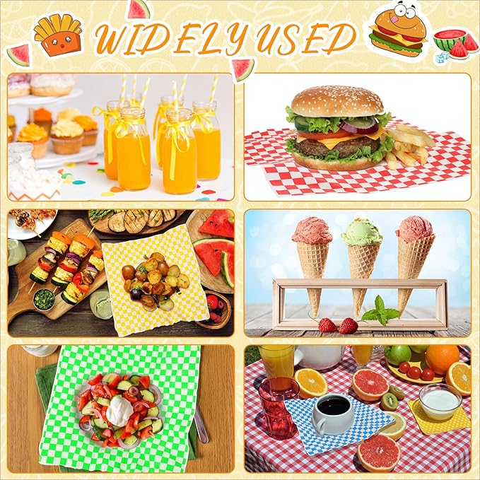 Fulmoon 1200 Sheets Waxed Deli Paper Sheets Sandwich Wrap 12 x 12 Inch Plaid Checkered Sandwich Liners, Food Basket Liner Deli Wrap Wax Paper for Wrapping Bread BBQ Picnic