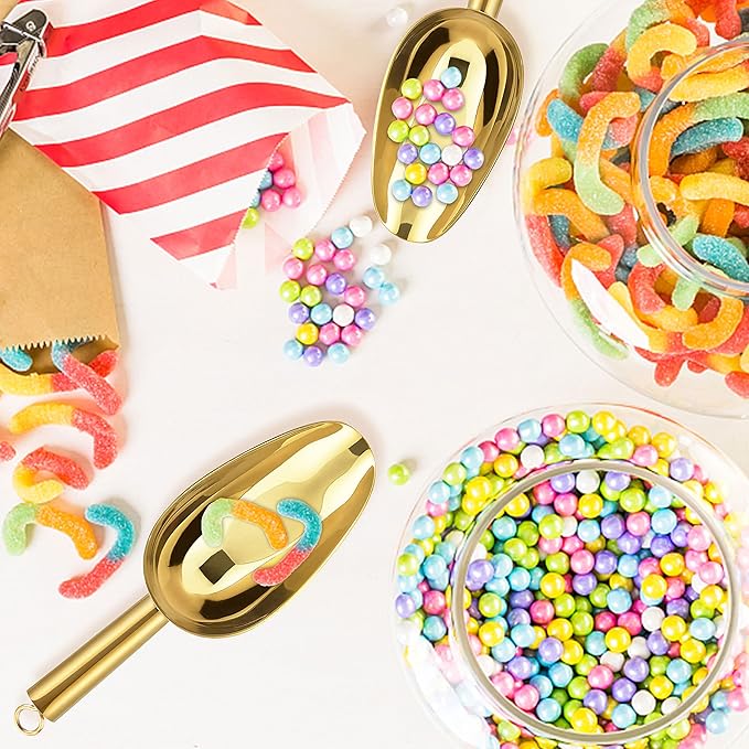 6 Ounce Ice Scoop Set of 2, E-far Gold Stainless Steel Small Scoops for Ice Cube/Candy/Flour/Sugar, Metal Utility Scoops for Canisters, Baking, Kitchen Pantry, Rust Free & Dishwasher Safe