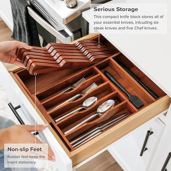 KitchenEdge Acacia Wood Kitchen Knife Block Holder Organizer - Holds 5 Long + 6 Short Knives (Not Included), Fits Most Knife Sizes, Rubber Feet, Premium Food-Safe Finish, In-Drawer Design